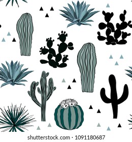Hand drawn seamless pattern with sketch saguaro, blue agave, and prickly pear.