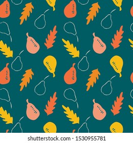 Hand drawn seamless pattern with sketch modern pears and leaves in bright colours. Red, yellow, orange, terracotta colours. Modern textile, branding and packaging,wrapping paper.