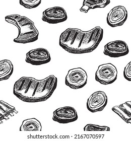 Hand drawn seamless pattern sketch meat set. Detailed ink food illustration. Steak meat hand drawing.