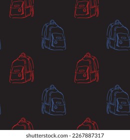 Hand drawn seamless pattern of sketch Doodle Backpacks. Casual Backpack with smiley face pin, bag illustration. Back to school theme. Line art drawing. Red and Blue color. Perfect for any desired idea