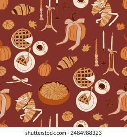 Hand drawn seamless pattern. Sketch style party wedding and autumn illustrations. Vectors of bows, pumpkins, bakery Illustrations for invitations, menus and parties. La dolce vita italian fall style