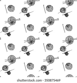 Hand drawn seamless pattern sketch of knitting - ball of yarn, knitting needle background vector