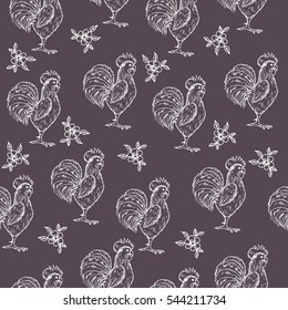 Hand drawn seamless pattern with sketch of rooster - symbol of Chinese new year. Vector stock illustration. Black and White isolated object decorated with flowers and leaves