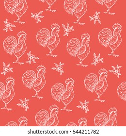 Hand drawn seamless pattern with sketch of rooster - symbol of Chinese new year. Vector stock illustration. Black and White isolated object decorated with flowers and leaves