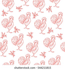 Hand drawn seamless pattern with sketch of rooster - symbol of Chinese new year. Vector stock illustration. Black and White isolated object decorated with flowers and leaves
