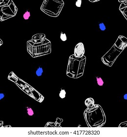 Hand drawn seamless pattern with sketched bottles of perfume and colorful ink strokes. Beauty and fashion seamless background. Design template for wrapping, fashion, textile etc.