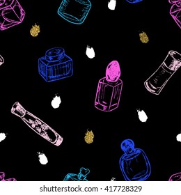Hand drawn seamless pattern with sketched bottles of perfume and colorful ink strokes. Beauty and fashion seamless background. Design template for wrapping, fashion, textile etc.