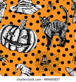 Hand drawn seamless pattern. Sketches of bat spider web witch hat black cat broom and pumpkin. Doodle line graphic design. Vector orange black and white background.