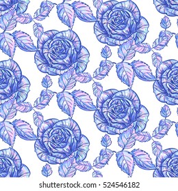 hand drawn Seamless pattern of the sketches of blue and purple roses and leaves in shades of delicate in vintage style