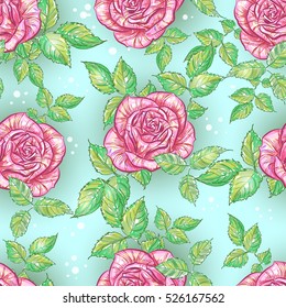hand drawn seamless pattern of the sketches of pink roses and leaves in shades of delicate in vintage style