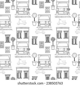 Hand drawn seamless pattern with sketchy shop on the ground floor, potted trees, different windows with shutters and old school scooter on the street. Cartoon city tiling background.