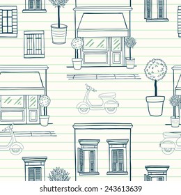 Hand drawn seamless pattern with sketchy shop on the ground floor, potted trees, different windows with shutters and old school scooter on the street. Cartoon city tiling background.