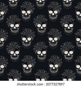 Hand drawn seamless pattern with skull with flowers. Floral texture in vintage style  for wrapping paper, t-shirt design, fabrics and other uses.