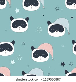 Hand drawn seamless pattern with sleeping panda. Cute background with animals.