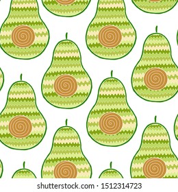 Hand drawn seamless pattern with slices of avocado, leaves on white background. Print, texture, healthy eating