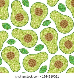 Hand drawn seamless pattern with slices of avocado, leaves on white background. Print, texture, healthy eating