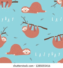 Hand drawn seamless pattern with sloth and tree