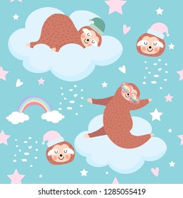 Hand drawn seamless pattern with sloth,rainbow,star and cloud