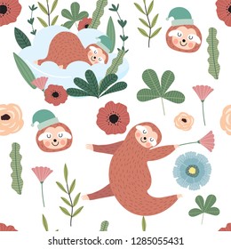 Hand drawn seamless pattern with sloth,van,flower and cloud