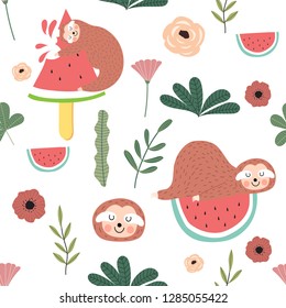 Hand drawn seamless pattern with sloth,watermelon,flower and leaf