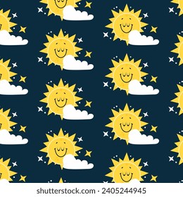 Hand drawn seamless pattern with smiling sun and clouds. Cute vector design.