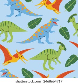 Hand drawn seamless pattern with smiling dinosaurs and palm leaves on a blue background vector illustration