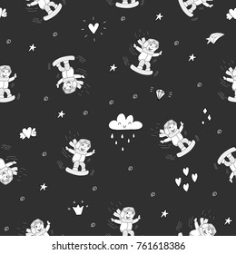 Hand drawn seamless pattern with Smiling Teen with a snowboard.