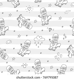 Hand drawn seamless pattern with Smiling Teen with a Skateboard.