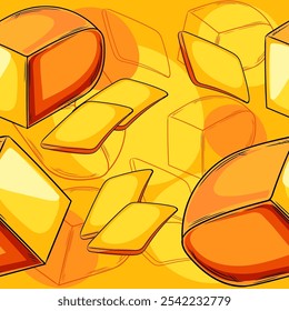 Dibujado a mano patrón sin fisuras de bloques de queso ahumado y rebanadas sobre un fondo amarillo, ideal para barbacoa o proyectos de alimentos artesanales, embalaje y diseños de restaurantes. Ilustración vectorial.
