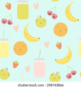 Hand drawn seamless pattern with smoothie jars and funny smiling fruits