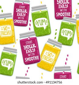 Hand drawn seamless pattern  with smoothie jars  with handwritten lettering and speech bubbles