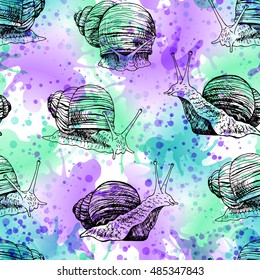 Hand drawn seamless pattern with snails. Black and white vector sketch with watercolor. Vintage image for fabric. Doodle line illustration with animals.