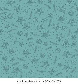 Hand drawn seamless pattern with snowflake, stars, tree branches. Fun doodle background for kids. Vector illustration.