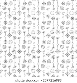 Hand drawn seamless pattern with snowflakes on a thread. Doodle black outline illustration.