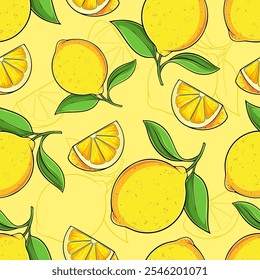 Hand drawn seamless pattern of sour juicy yellow full and cutout lemons with green leaves isolated