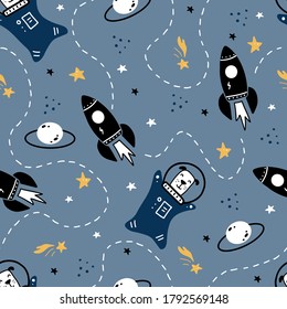 Hand drawn seamless pattern of space with star, comet, rocket, planet, dog astronaut element. Cute pattern by doodle style. Vector illustration for kids fabric, children wallpaper, texture.