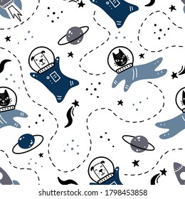 Hand drawn seamless pattern of space with star, comet, rocket, planet, cat, dog astronaut element. Cute pattern by doodle style. Vector illustration for kids fabric, children wallpaper, texture.