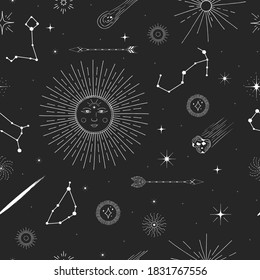 Hand drawn seamless pattern with space elements. Texture with celestial sun, falling star, comet, constellations, starburst, arrows. Background in boho style for kids.