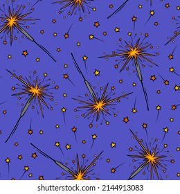 Hand drawn seamless  pattern with sparklers in doodle style. Festive pattern with sparklers. 