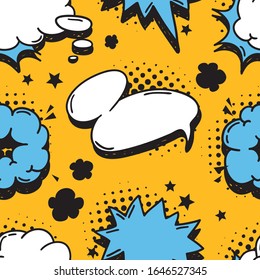 Patrón sin fisuras dibujado a mano con burbujas de voz para texto. Antecedentes y palabras de arte pop vectorial. Elemento Doodle para diálogo o comic