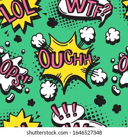 Hand drawn seamless pattern with speech bubbles for text. Vector pop art background and words. Doodle element for dialog or comic