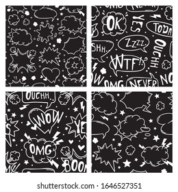 Hand drawn seamless pattern with speech bubbles for text. Vector pop art background and words. Doodle element for dialog or comic