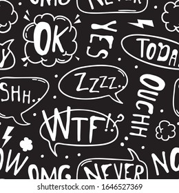 Hand drawn seamless pattern with speech bubbles for text. Vector pop art background and words. Doodle element for dialog or comic