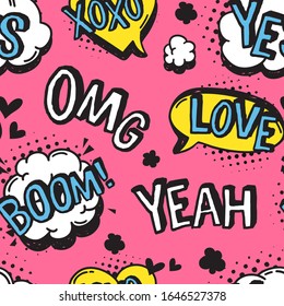 Hand drawn seamless pattern with speech bubbles for text. Vector pop art background and words. Doodle element for dialog or comic