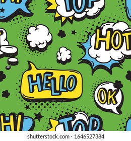 Motif harmonieux dessiné à la main avec bulles de discours pour texte. Image vectorielle arrière-plan pop art et mots. Élément de gribouillage pour le dialogue ou la bande dessinée