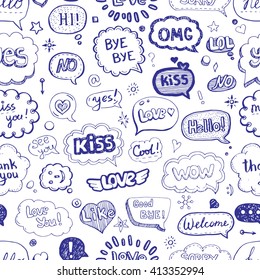 Hand drawn seamless pattern of speech bubbles with dialog words: Hello, Love, Bye, Hi. Vector illustration.