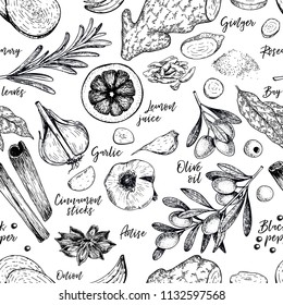 Hand drawn seamless pattern of spices, herbs and condiments. Engraved vector. Onion, bay leaf, olive oil, ginger, garlic, cinnamon, anise, lemon juice, black pepper. Restaurant menu design, packaging.