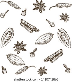 Hand drawn seamless pattern of spices set. Hot pepper, cardamon, anise star, cinnamon, cocoa bean and cloves. Spices vector illustration isolated on white background.