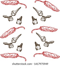 Hand drawn seamless pattern of spices set. Hot pepper and cloves. Spices vector illustration isolated on white background.