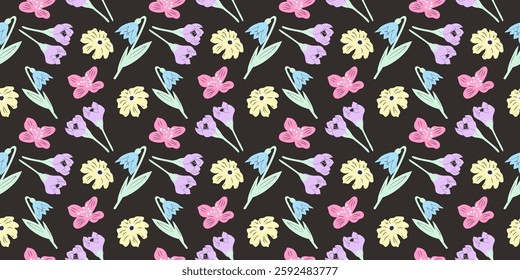 Hand drawn seamless pattern with spring flowers on dark background. Vector design.